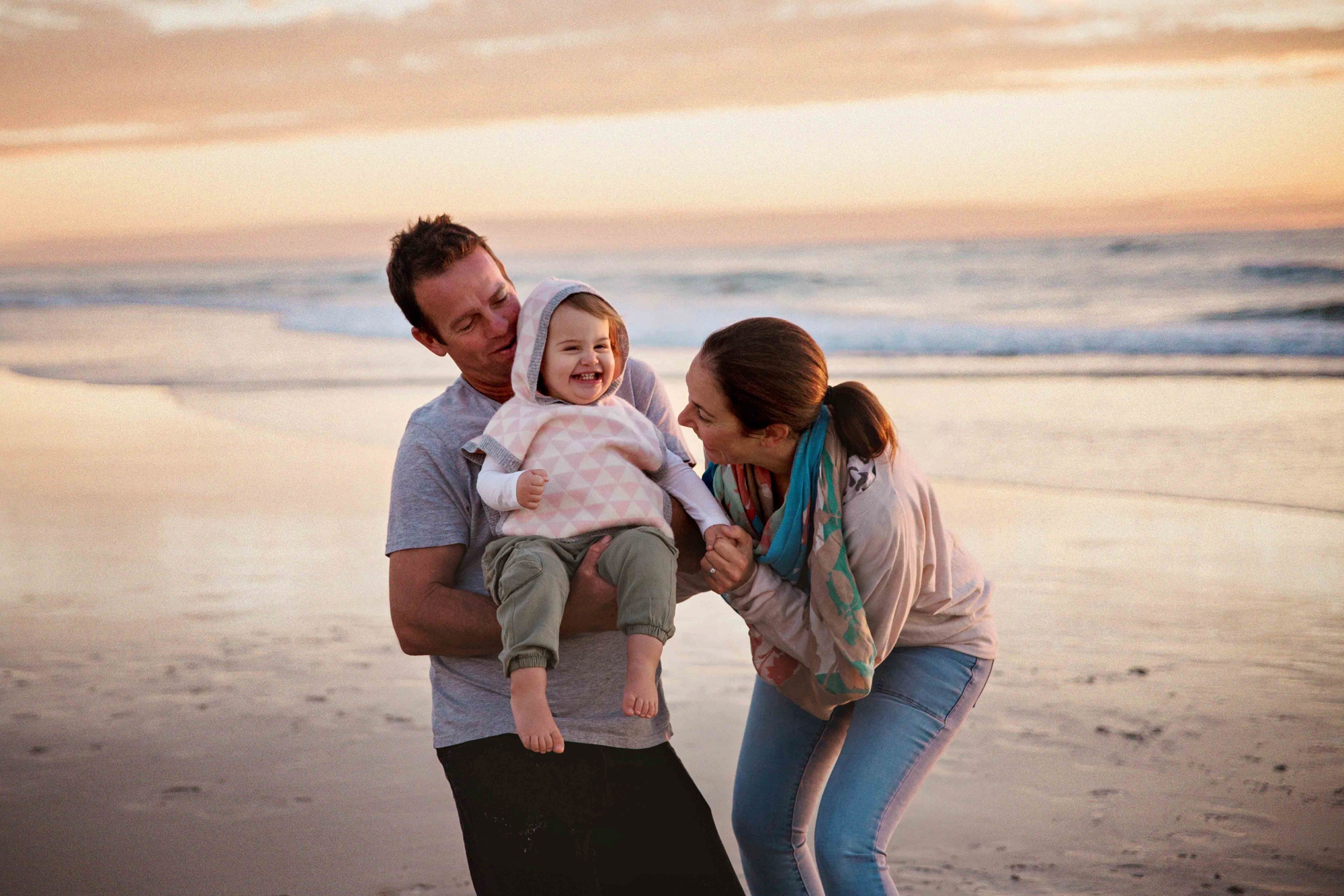 family of 3 poses, beach family picture ideas, what to wear for family pictures, Morning Sunrise Australian Family Session