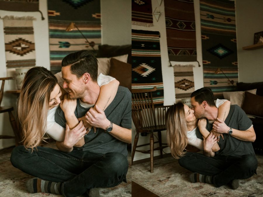 couple kissing sitting on floor, Romantic in Home Anniversary Session