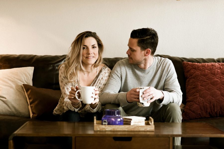 couple drinking coffee together, Romantic in Home Anniversary Session