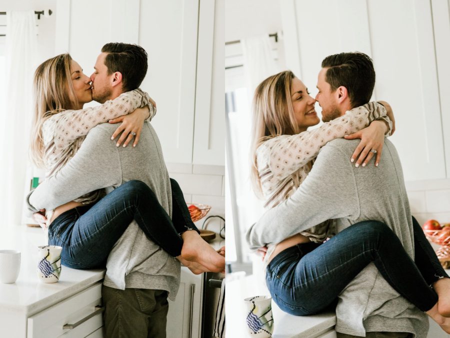 couple kissing in kitchen, Romantic in Home Anniversary Session