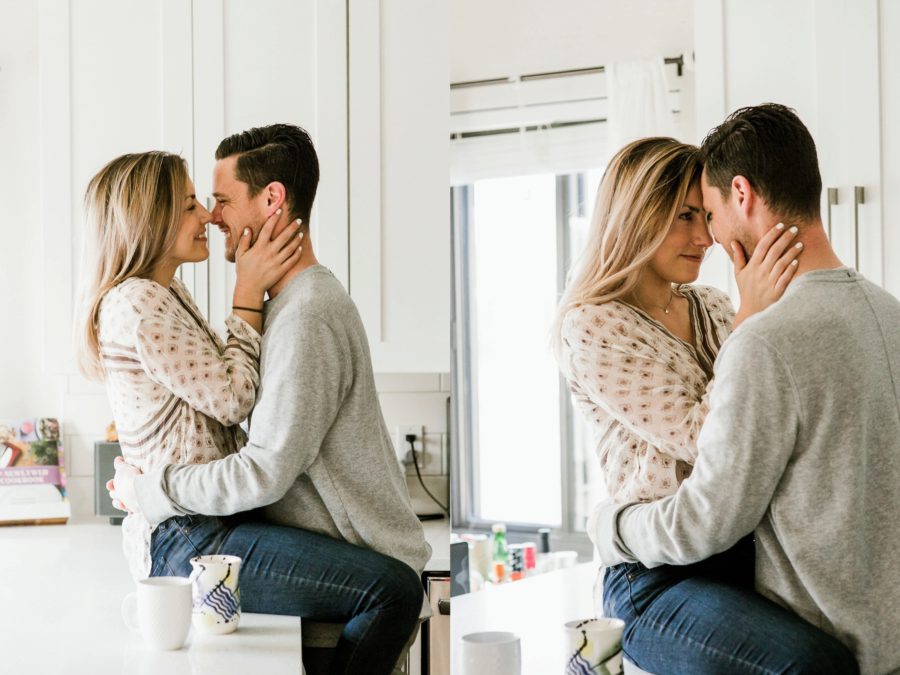 couple cuddling in kitchen, Romantic in Home Anniversary Session