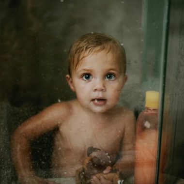 lifestyle picture of toddler in shower, daily fan favorite