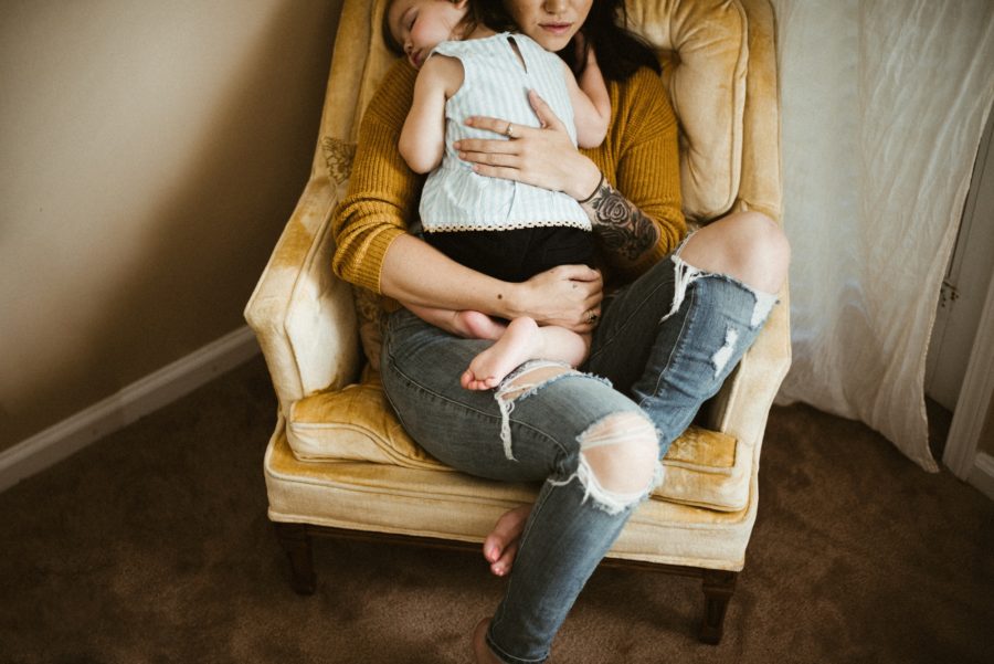 mom holding sleeping baby, In Home Boho Mother and Daughter Session