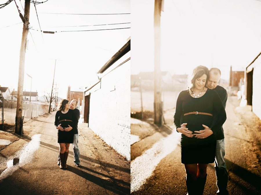 couple hugging for maternity, Downtown Alley Maternity Session in Colorado 