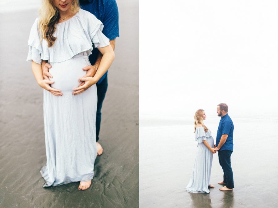 couple poses for maternity pictures, Ruby Beach Intimate Maternity Pictures in Washington