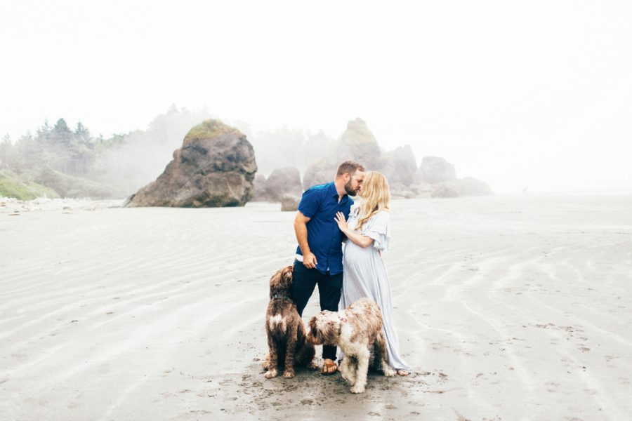 couple maternity pictures with dogs on beach, Ruby Beach Intimate Maternity Pictures in Washington