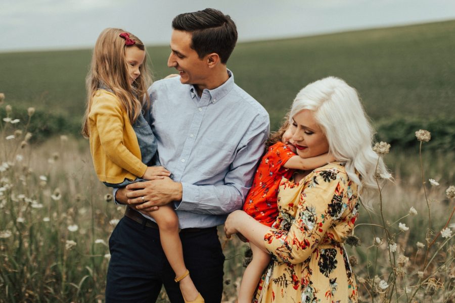 family of 4 natural poses, Boho Fall Family of 4 Pictures in Iowa