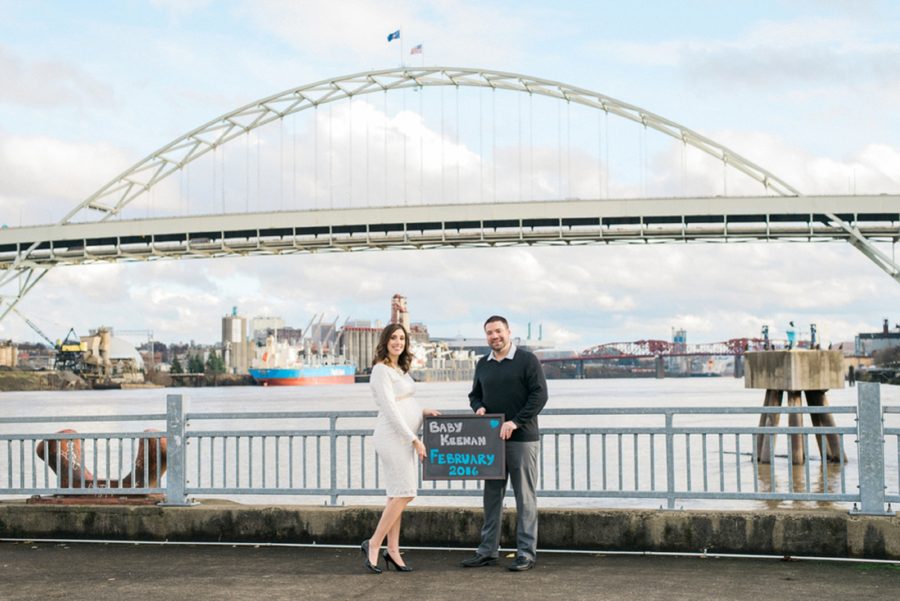Baby announcement, maternity pose in front of bridge, Classic Portland Maternity Photos
