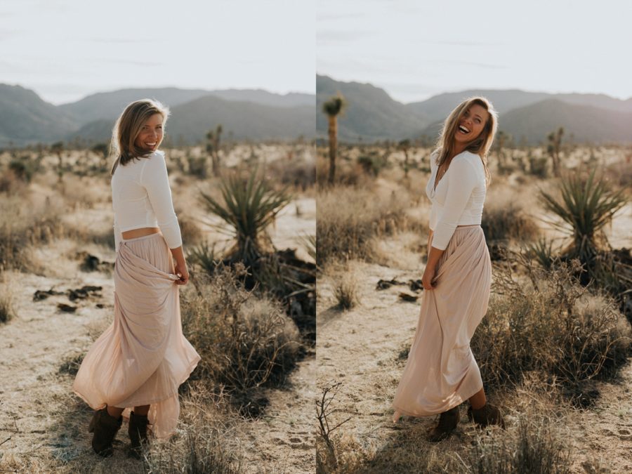 woman smiling in desert, outdoor portraits, Moody Couples Session at Joshua Tree