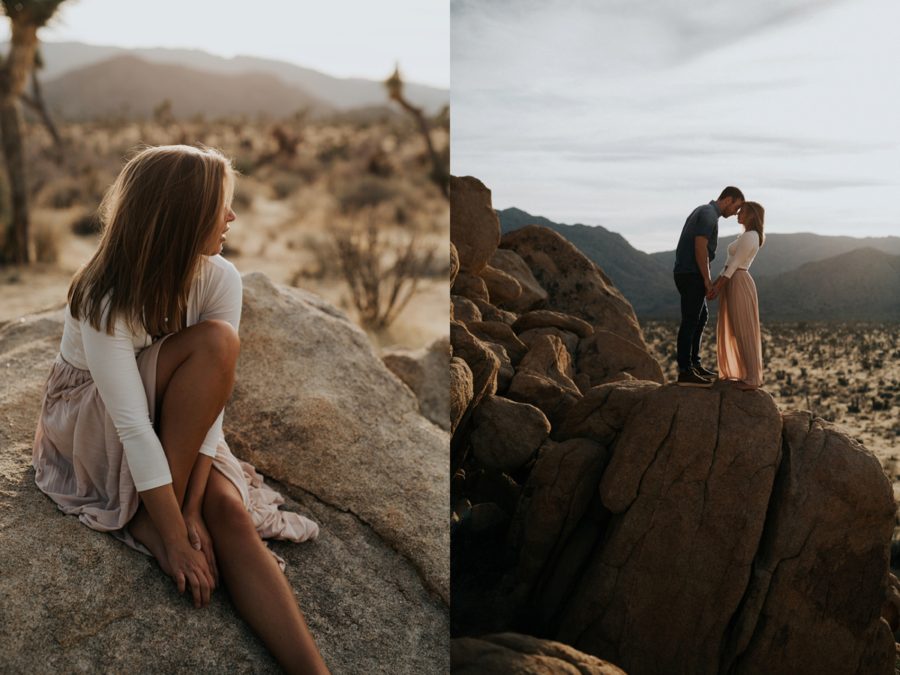 Woman sitting and gazing, Man and woman on top of rock, Moody Couples Session at Joshua Tree