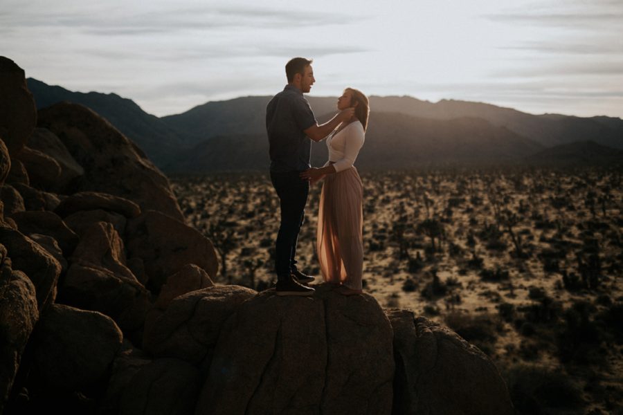 Stunning couple portrait, engagement pictures at sunset, Moody Couples Session at Joshua Tree