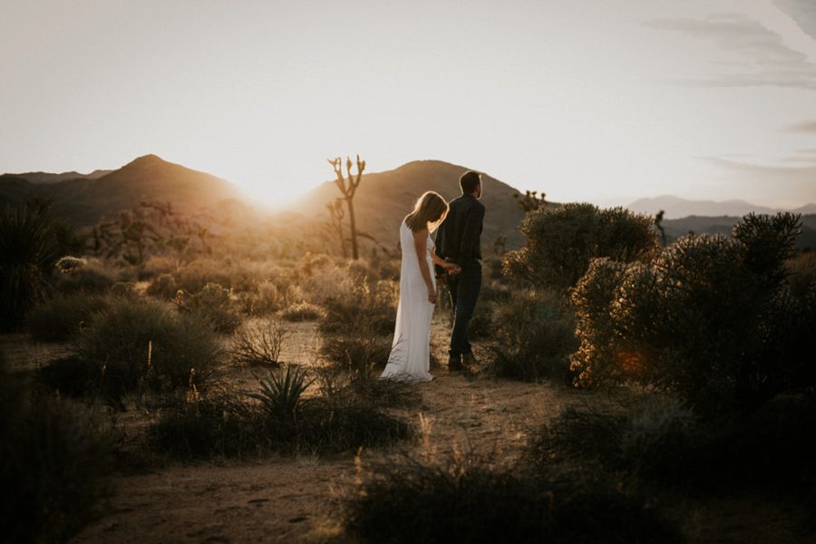man and woman walking through landscape, cactus at sunset, Moody Couples Session at Joshua Tree