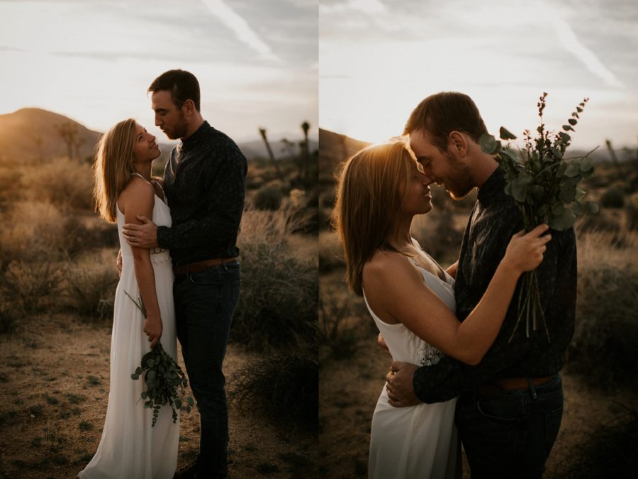 unique poses for couple, man an woman smiling at each other, Moody Couples Session at Joshua Tree