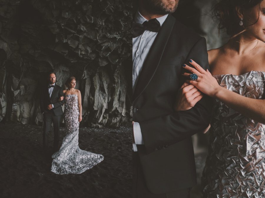 portraits in cave, black rocks, Styled Elopement Pictures in Iceland