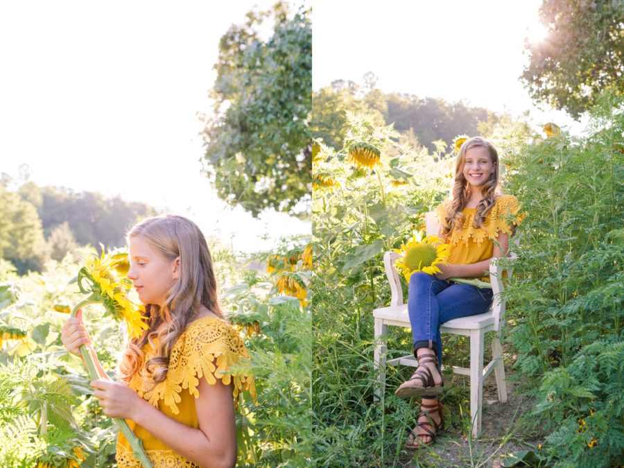Girl with big sunflower, Girl posing with sunflower, Sweet 13 Photo Session in North Carolina