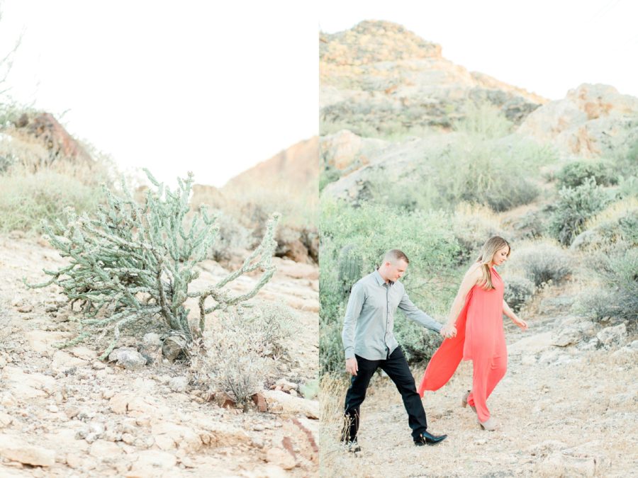Couple walking through rocky Arizona landscape, Canyon Lake Engagement Pictures in Arizona