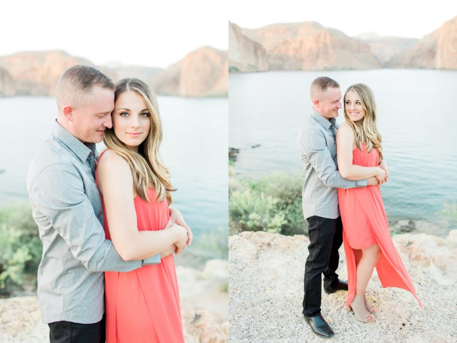 Couple posing for engagement photos, inspiration for what to wear for engagement pictures, Canyon Lake Engagement Pictures in Arizona