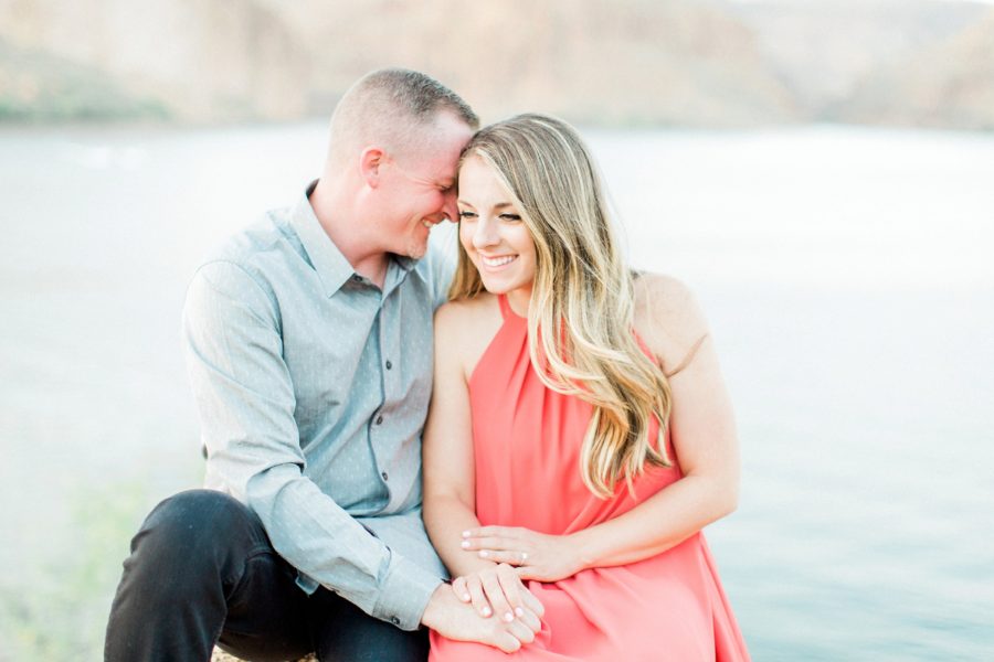 Couple smiling together, Man rest forehead on fiance, Canyon Lake Engagement Pictures in Arizona