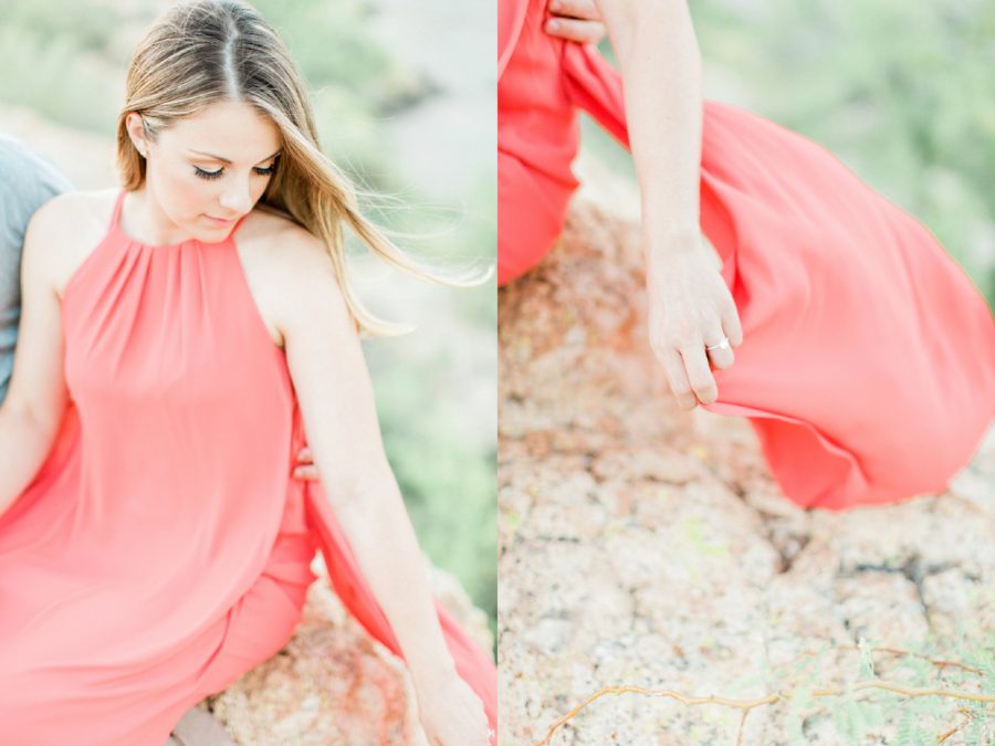 Flowy coral dress, Woman holding hem of dress, Canyon Lake Engagement Pictures in Arizona