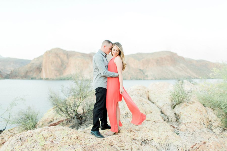 Man and woman together overlooking lake, Canyon Lake Arizona, Canyon Lake Engagement Pictures in Arizona