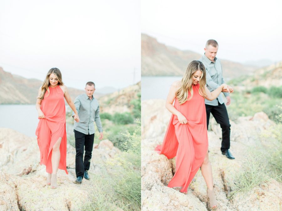 Man and woman walking through Arizona landscape, Canyon Lake Engagement Pictures in Arizona