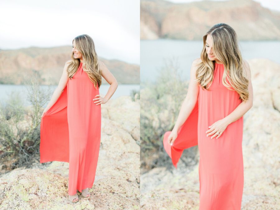 Portraits of woman in long coral dress, Canyon Lake Engagement Pictures in Arizona