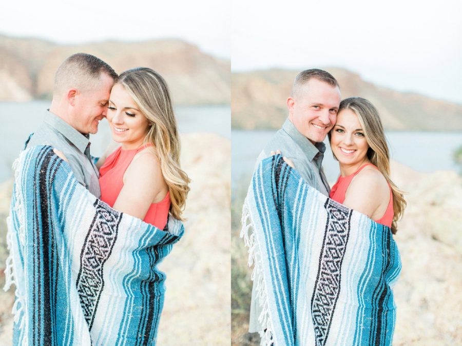 Man and woman with blanket wrapped around them, Canyon Lake Engagement Pictures in Arizona