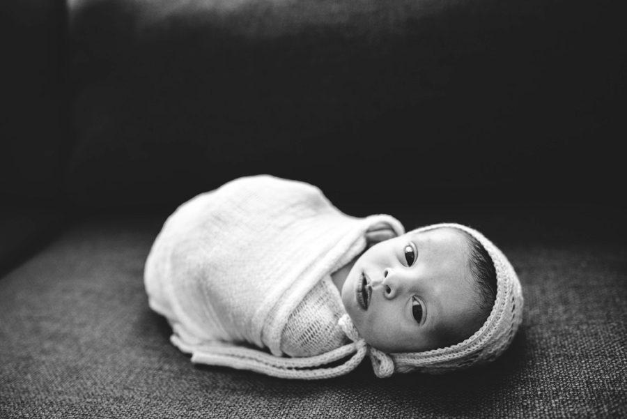 Baby wrapped up lying on couch, Beautiful In-Home Newborn Pictures 