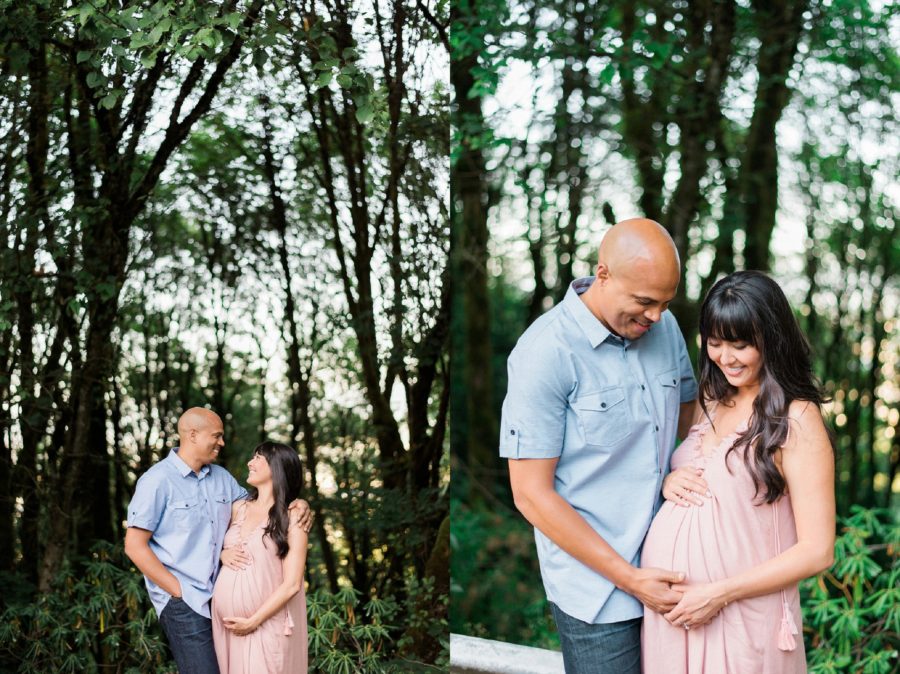 Couple smiling in front of trees, Pittock Mansion Gardens Maternity Session
